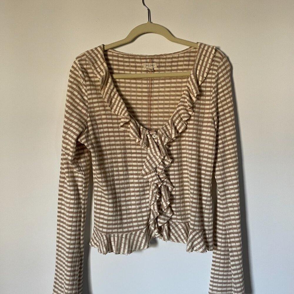 Pilcro Beige and White Striped Ruffle-Front Long Sleeve Top